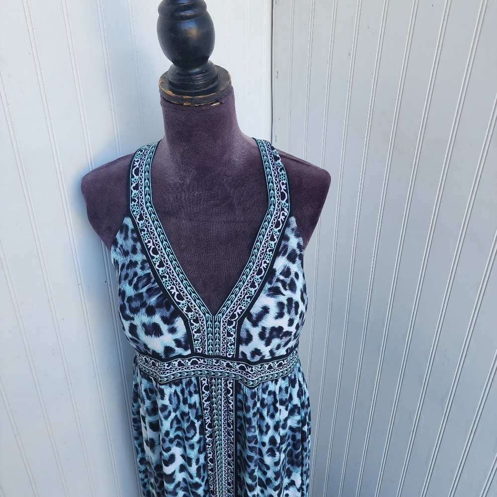 INC Internationa Leopard Print Maxi Dress Crisscross Back Blue Stretch V-Neck XL - Picture 2 of 14